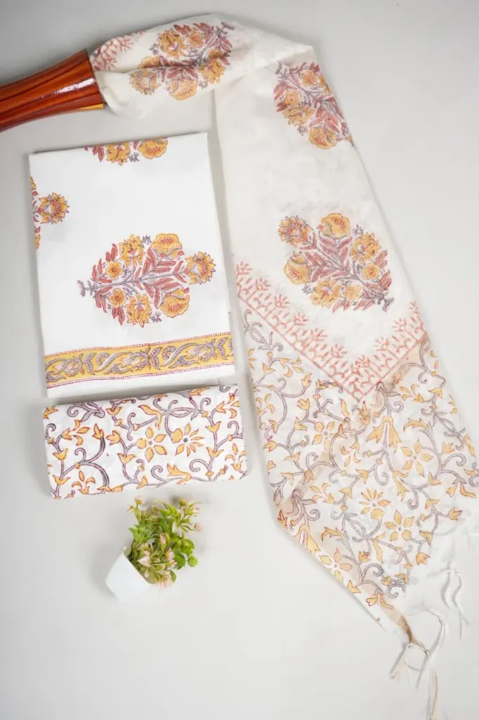 Hand block printedCotton suit with chanderi silk duptta white  colour with floral print