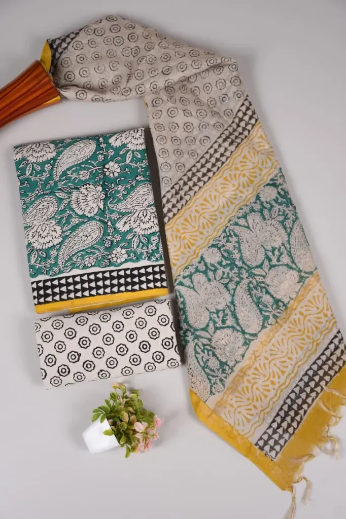 Hand block printed Cotton suit with chanderi silk duptta beige and green colour with floral print
