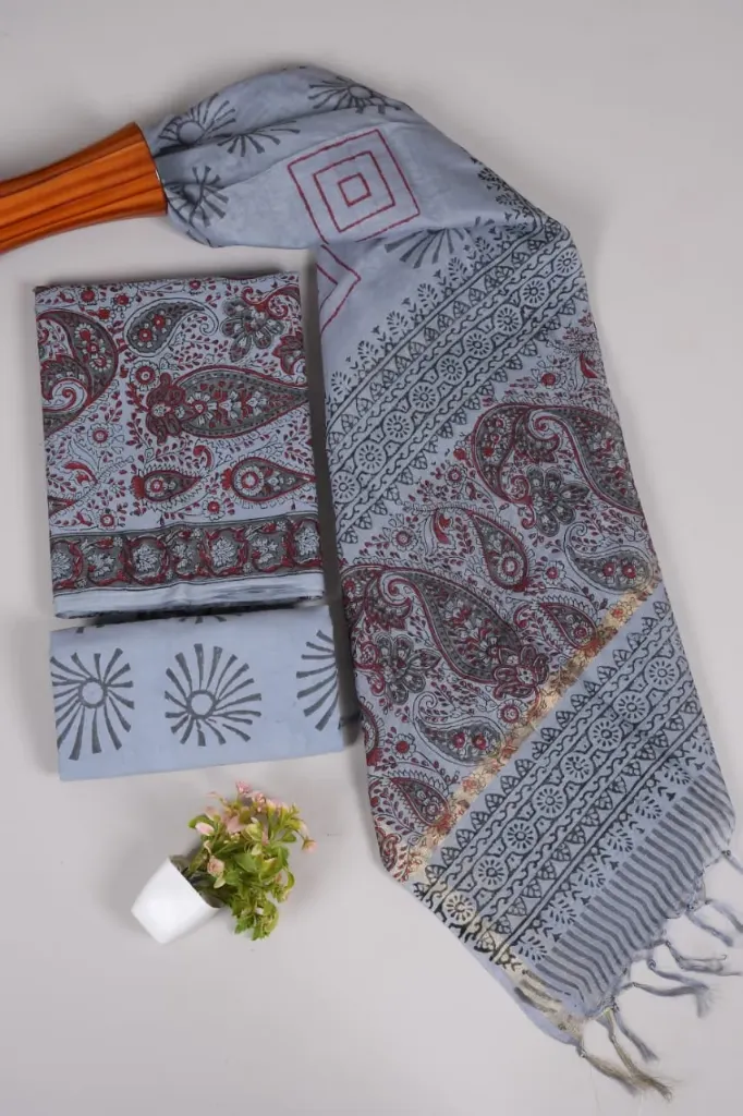 Hand block printed Cotton suit with chanderi silk duptta  greyish blue colour with floral print