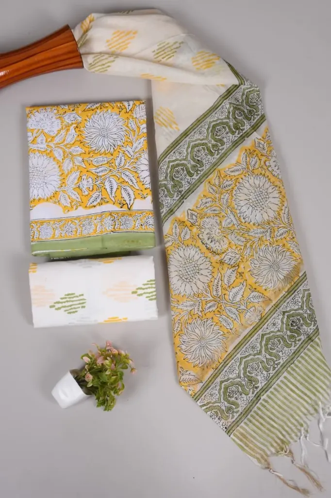 Hand block printed Cotton suit with chanderi silk duptta  yellow white colour with floral print