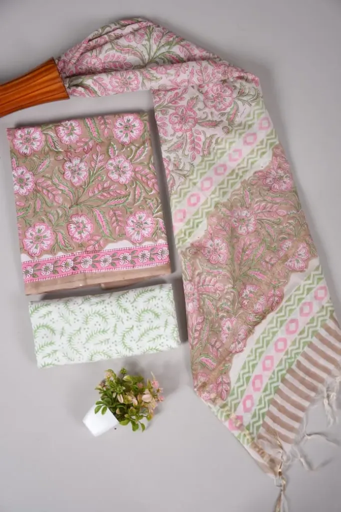 Hand block printed Cotton suit with chanderi silk duptta  pink and white colour with floral print