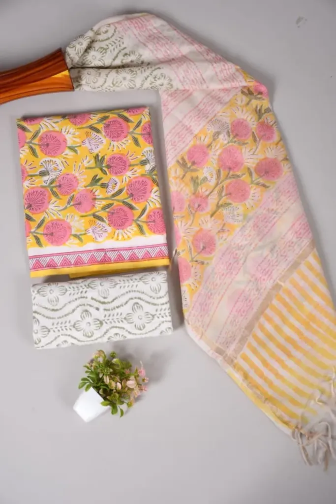 Hand block printed Cotton suit with chanderi silk duptta  pink , yellow and white colour with floral print