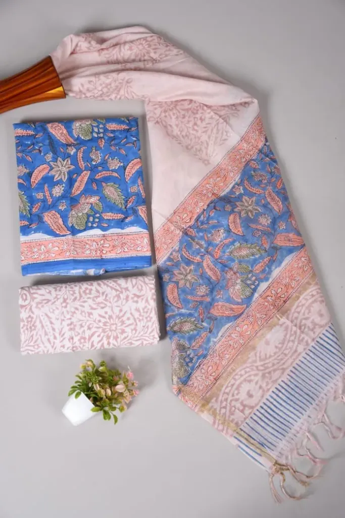 Hand block printed Cotton suit with chanderi silk duptta  blue, peach and white colour with floral print