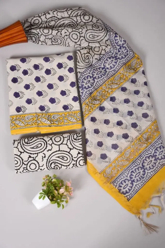 Hand block printed Cotton suit with chanderi silk duptta  black yellow and  dusty white colour with floral print