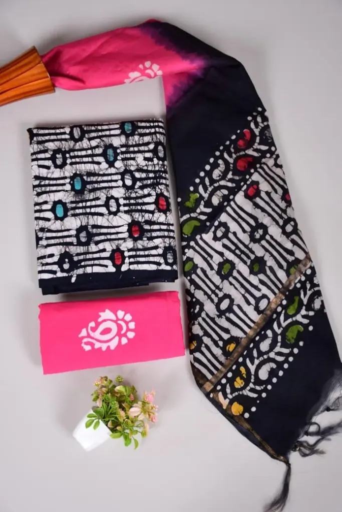 Hand block printed Cotton suit with chanderi silk duptta  black pink and   white colour.