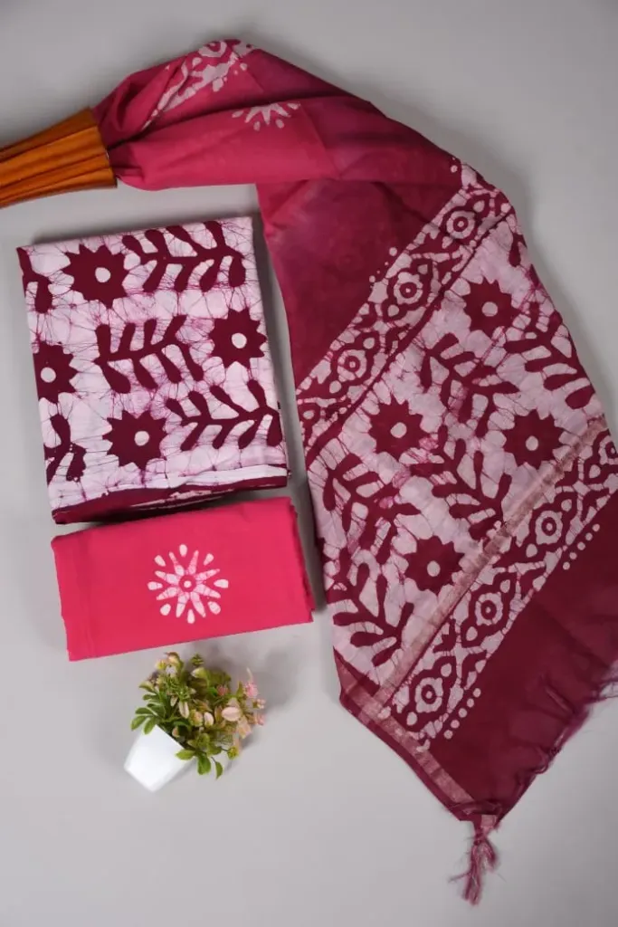 Hand block printed Cotton suit with chanderi silk duptta  blood red colour.