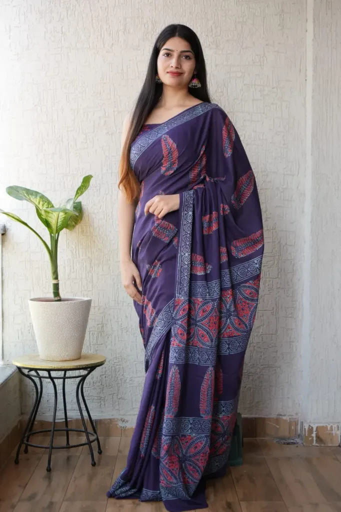 Hand block printed Ajrak bluish purple saree