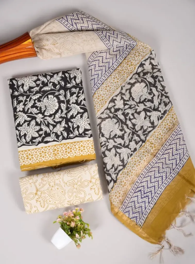 Hand block printed Cotton suit with chanderi silk duptta  black and beige colour.