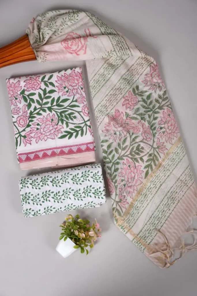 Hand block printed Cotton suit with chanderi silk duptta  white pink and green colour.