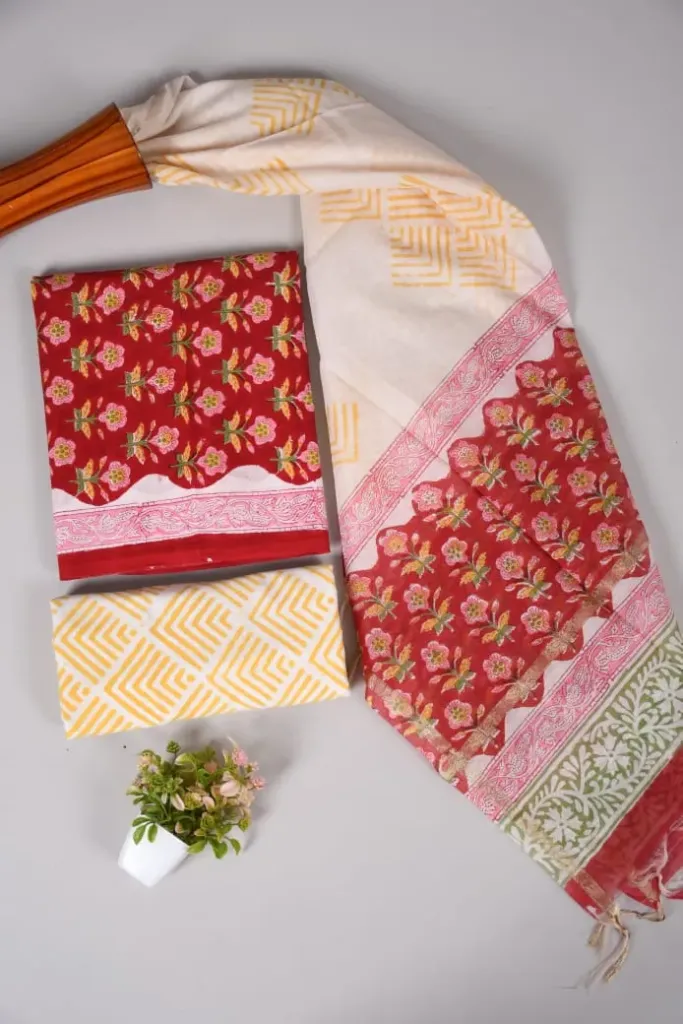 Hand block printed Cotton suit with chanderi silk duptta red and white ,pink colour.