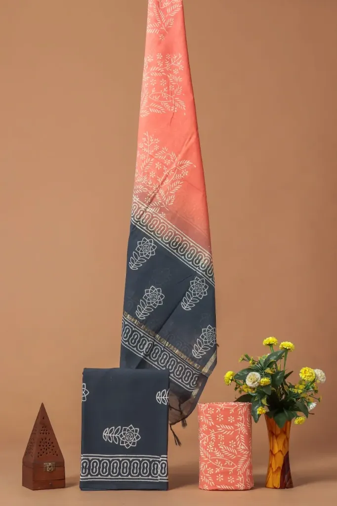 Hand block printed Cotton suit with chanderi silk duptta coral pink and dark charcoal grey colour.