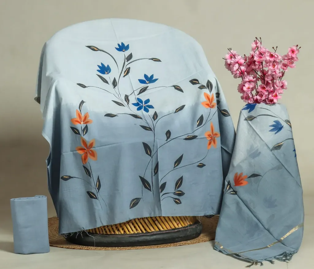 Hand brush  printed Cotton suit with chanderi silk duptta sky blue colour.