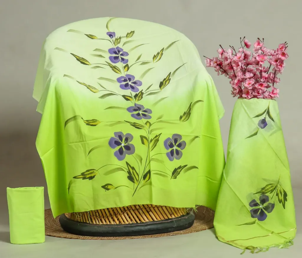 Hand brush  printed Cotton suit with chanderi silk duptta parrot green colour.