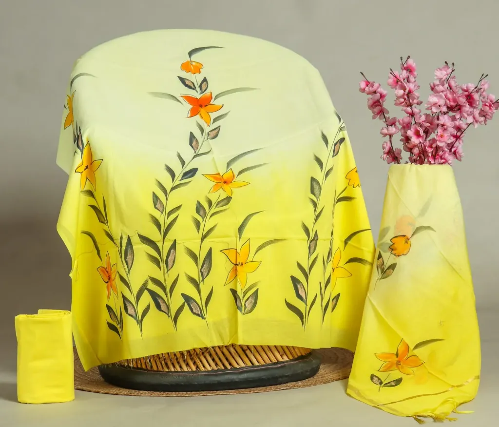 Hand brush  printed Cotton suit with chanderi silk duptta lemon yellow colour.