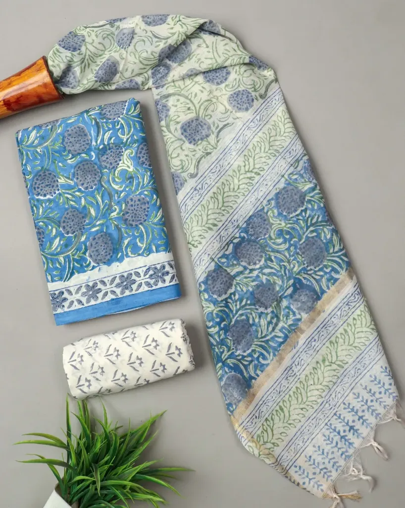 Hand brush  printed Cotton suit with chanderi silk duptta light blue and white colour.