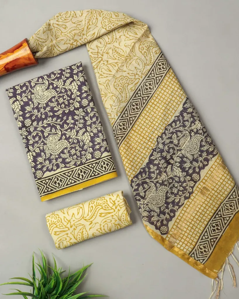 Hand brush  printed Cotton suit with chanderi silk duptta black and beige colour.