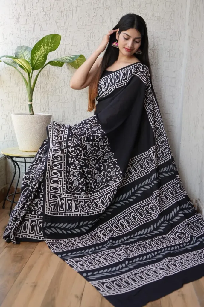 Hand kalamkari black white border saree