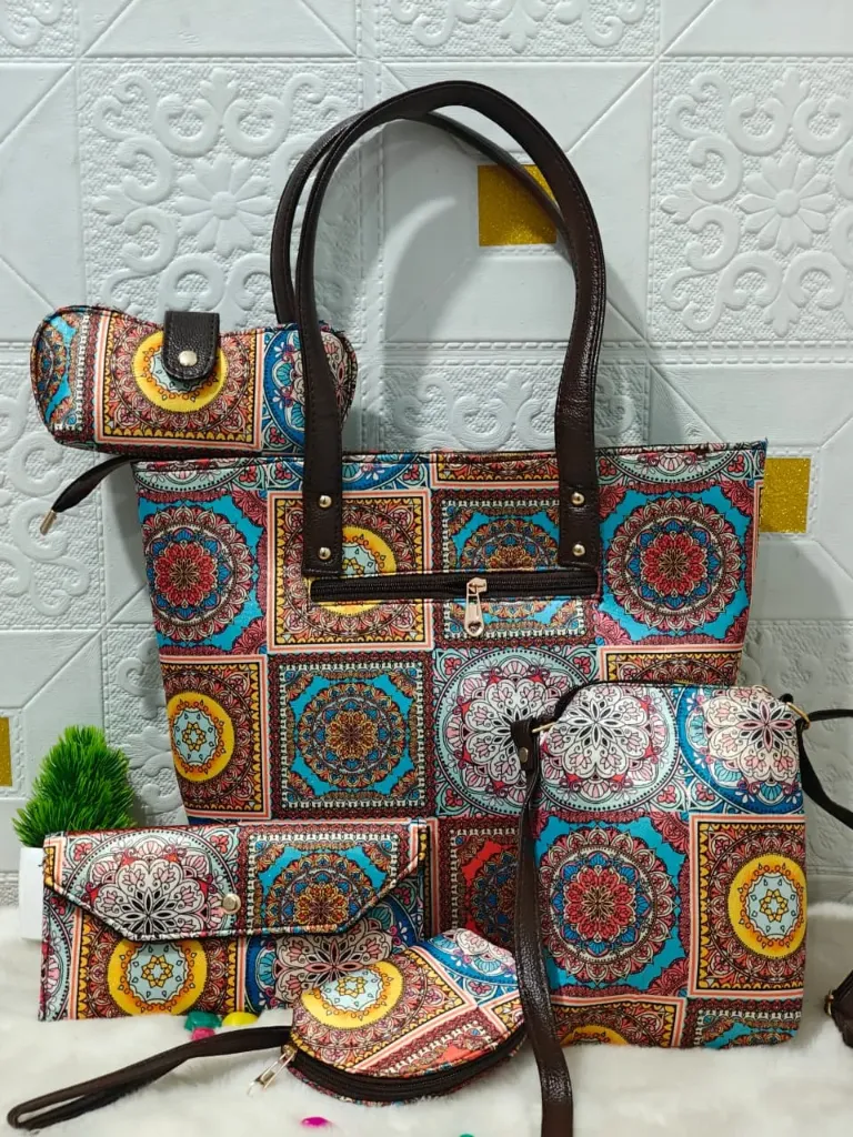 Hand Block printed 5 pieces  multicolour hand bag