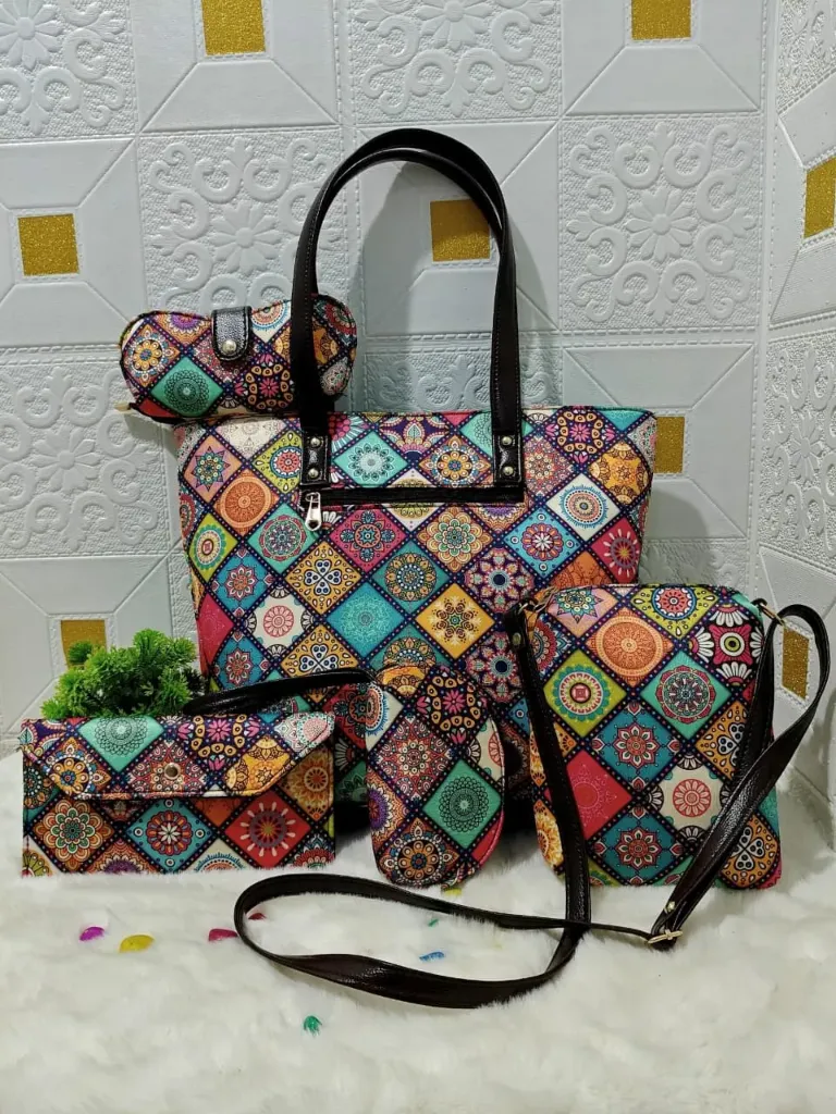 Hand Block printed 5 pieces  multicolour hand bag