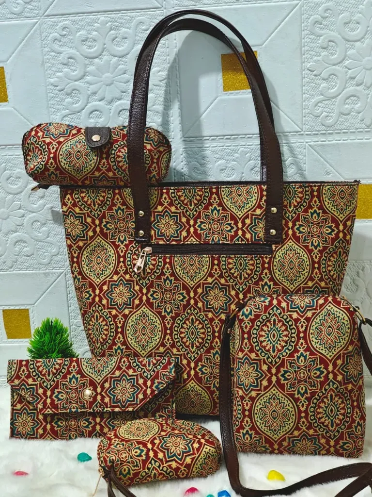Hand Block printed 5 pieces  mustard yellow colour hand bag