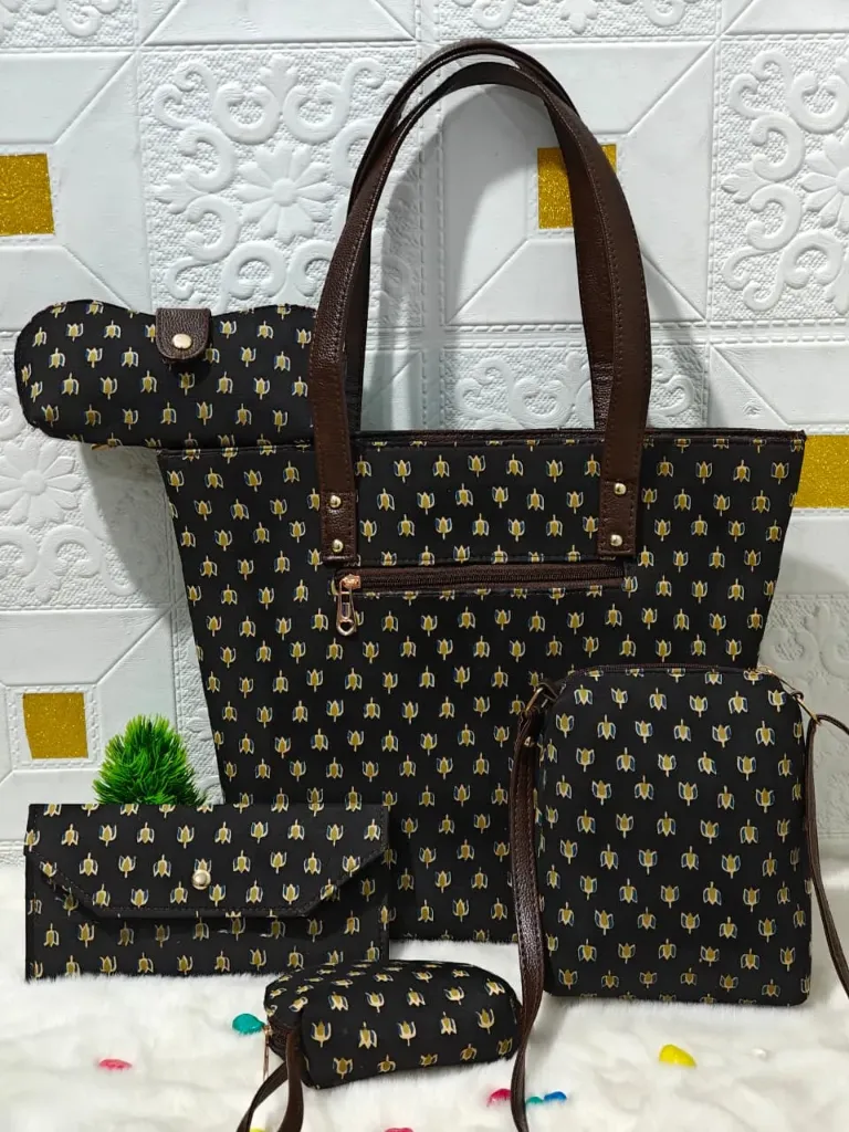 Hand Block printed 5 pieces  black  colour hand bag