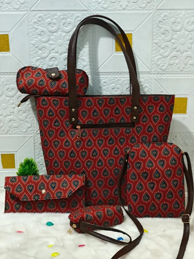 Hand Block printed 5 pieces  red hand bag