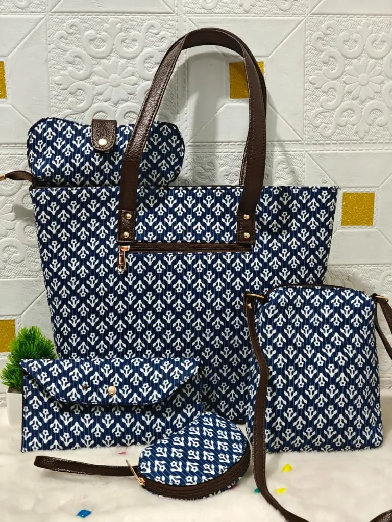 Hand Block printed 5 pieces  indigo colour hand bag