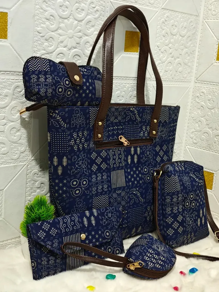 Hand Block printed 5 pieces  indigo colour hand bag
