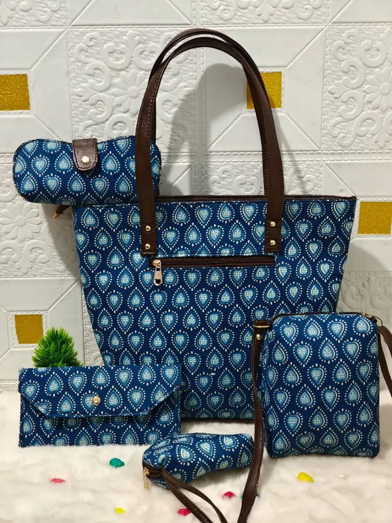 Hand Block printed 5 pieces  blue hand bag