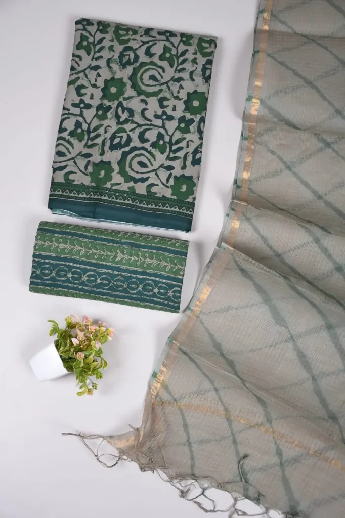 Hand block printed Cotton suit with kota doriya  lahariya duptta beige and green colour suit (dress mterial)