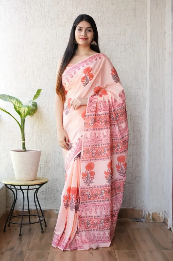 Dusty pink floral Hand block print saree