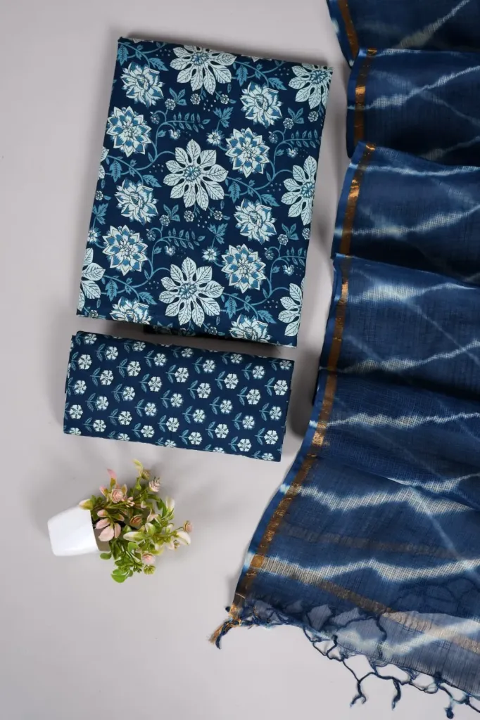Hand block printed Cotton suit with kota doriya  lahariya duptta blue  and light blue  colour suit (dress mterial)