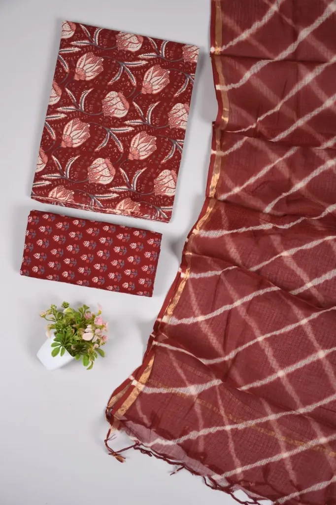 Hand block printed Cotton suit with kota doriya  lahariya duptta red and white colour suit (dress mterial)