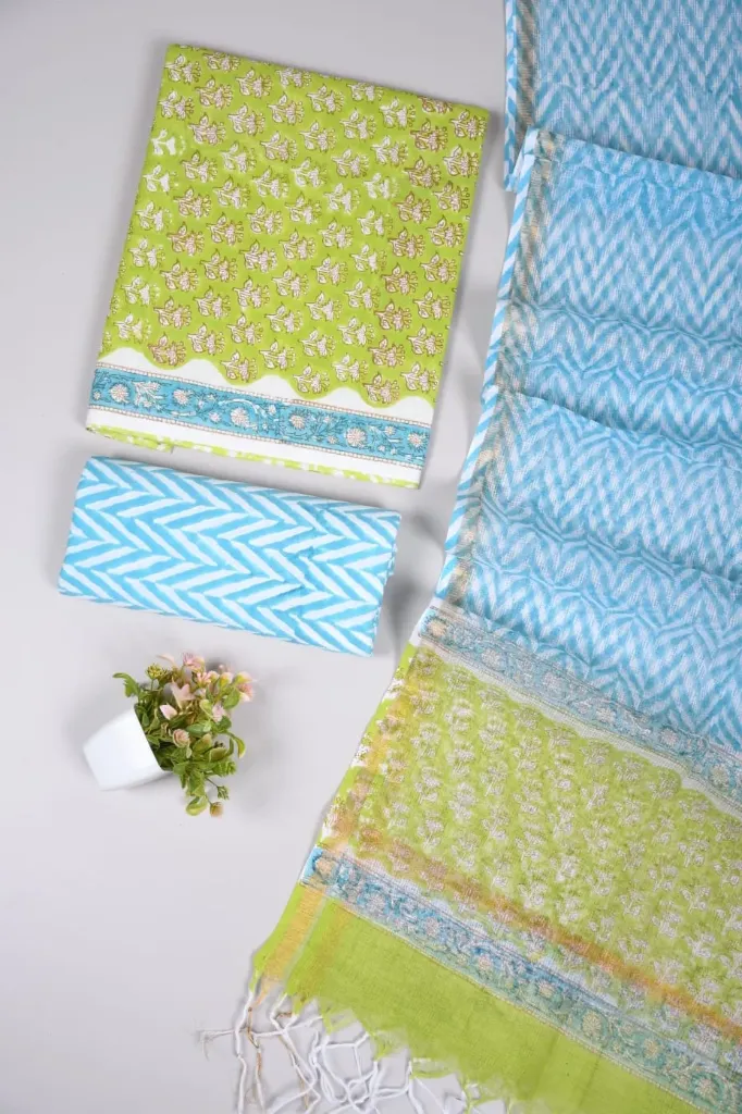 Hand block printed Cotton suit with kota doriya  lahariya duptta parrot green  and light blue colour suit (dress mterial)