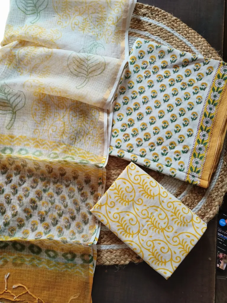 Hand block printed Cotton suit with kota doriya  shibori print duptta white yellow  and green colour suit (dress mterial)