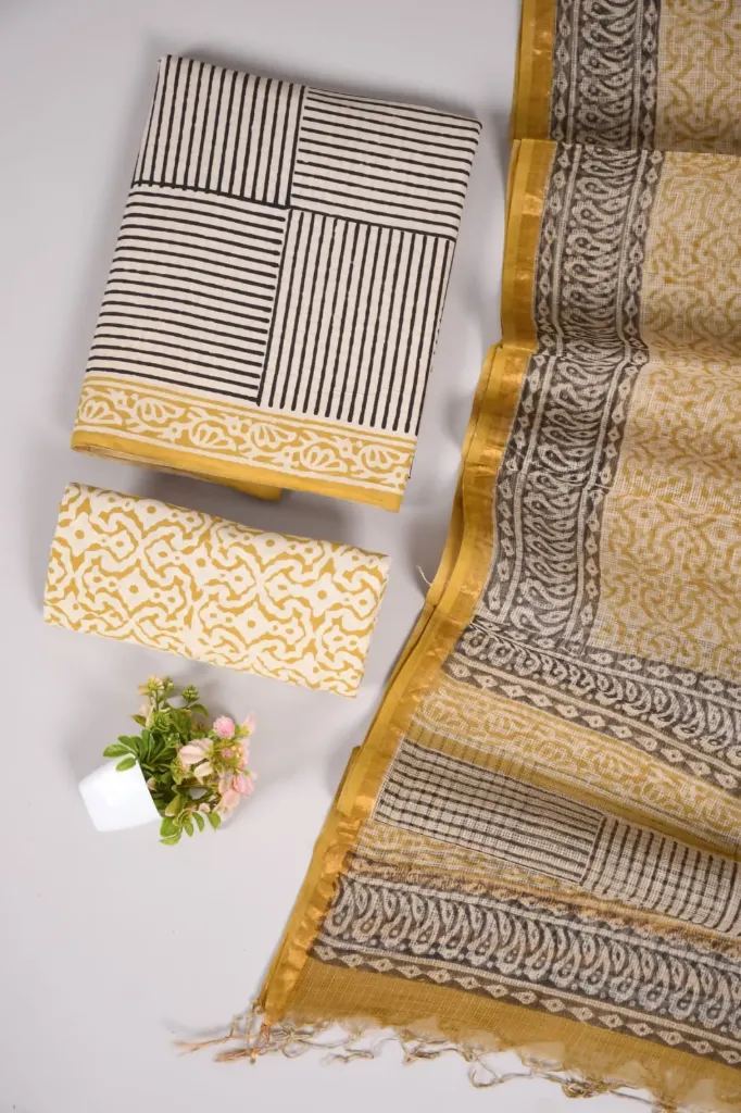 Hand block printed Cotton suit with kota doriya  print duptta beige and black colour suit (dress mterial)