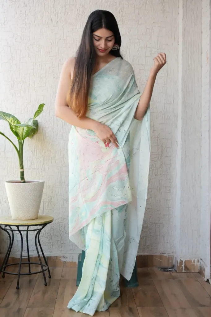 Hand marble print Cotton mulmul saree