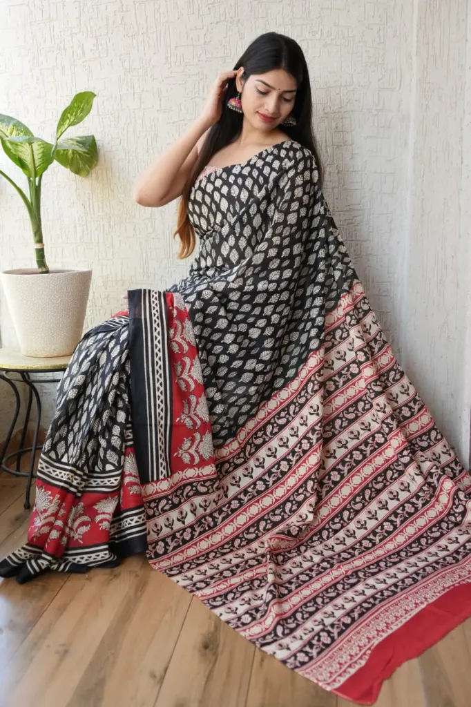 Hand block printed cotton mulmul black red saree