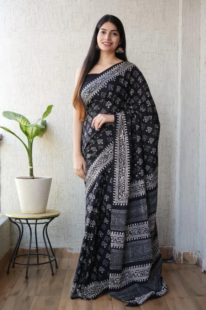 Hand block print black cotton mulmul saree