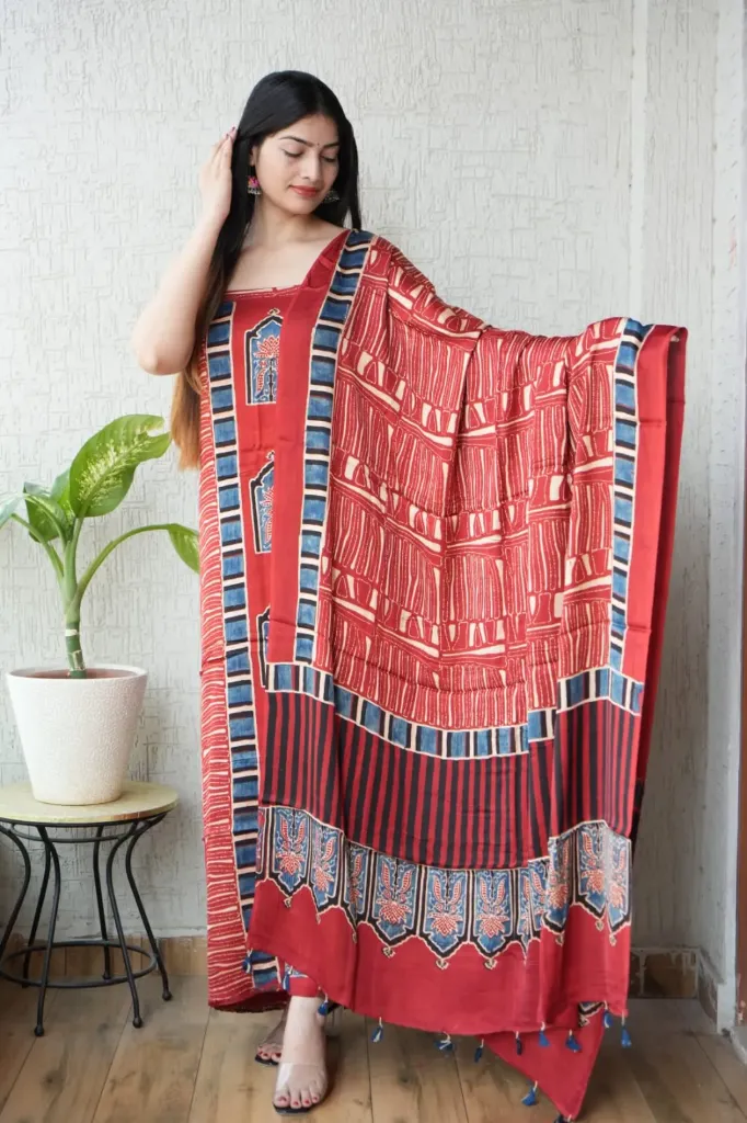 Hand block print modal silk dress  material ( top and bottom)