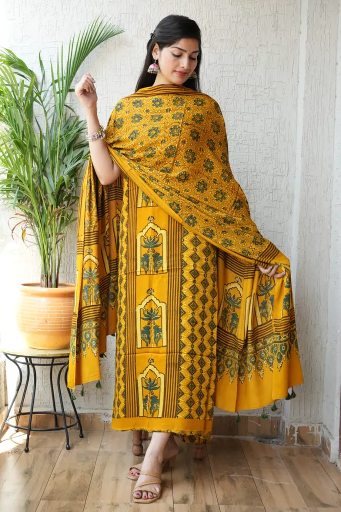 Hand block print modal silk dress  material ( top and bottom)