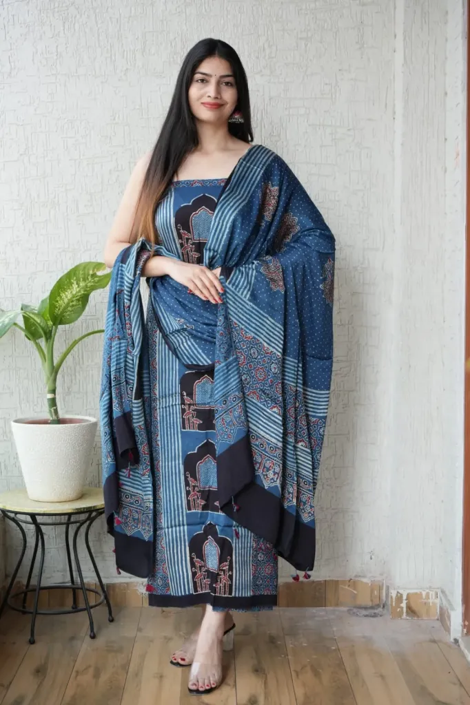 Hand block print modal silk dress  material ( top and bottom)