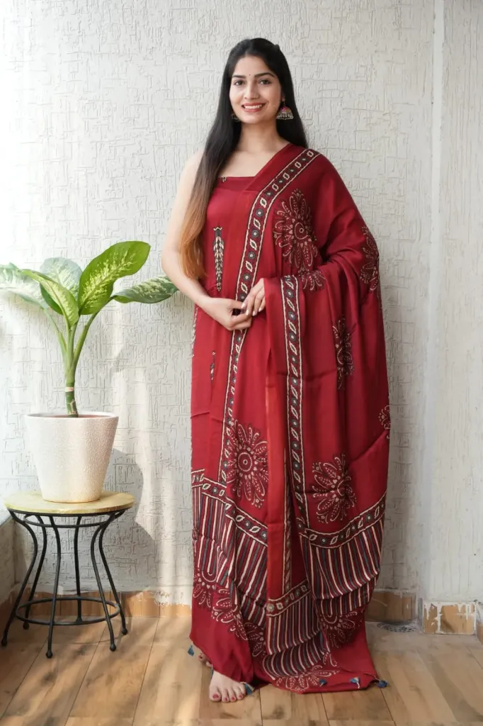 Hand block print modal silk dress  material ( top and bottom)