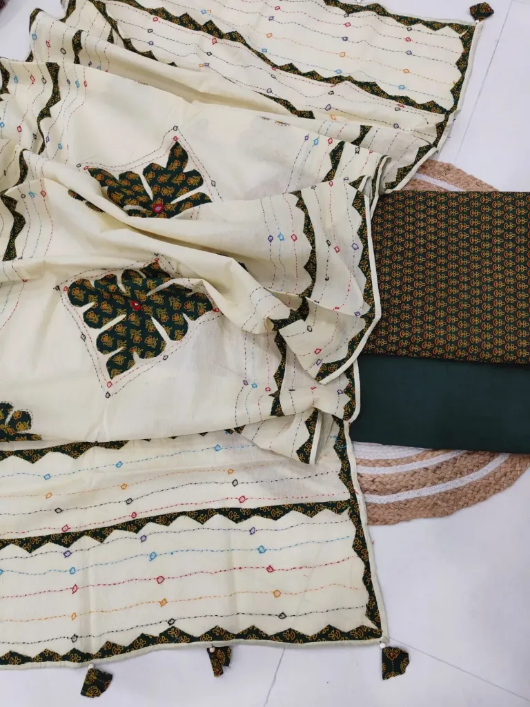 Hand block printed Cotton suit with beautiful patchwork duptta.