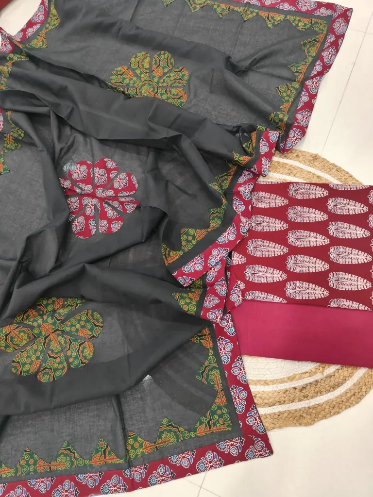 Hand block printed Cotton suit with beautiful patchwork duptta.