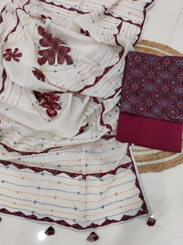 Hand block printed Cotton suit with beautiful patchwork duptta.