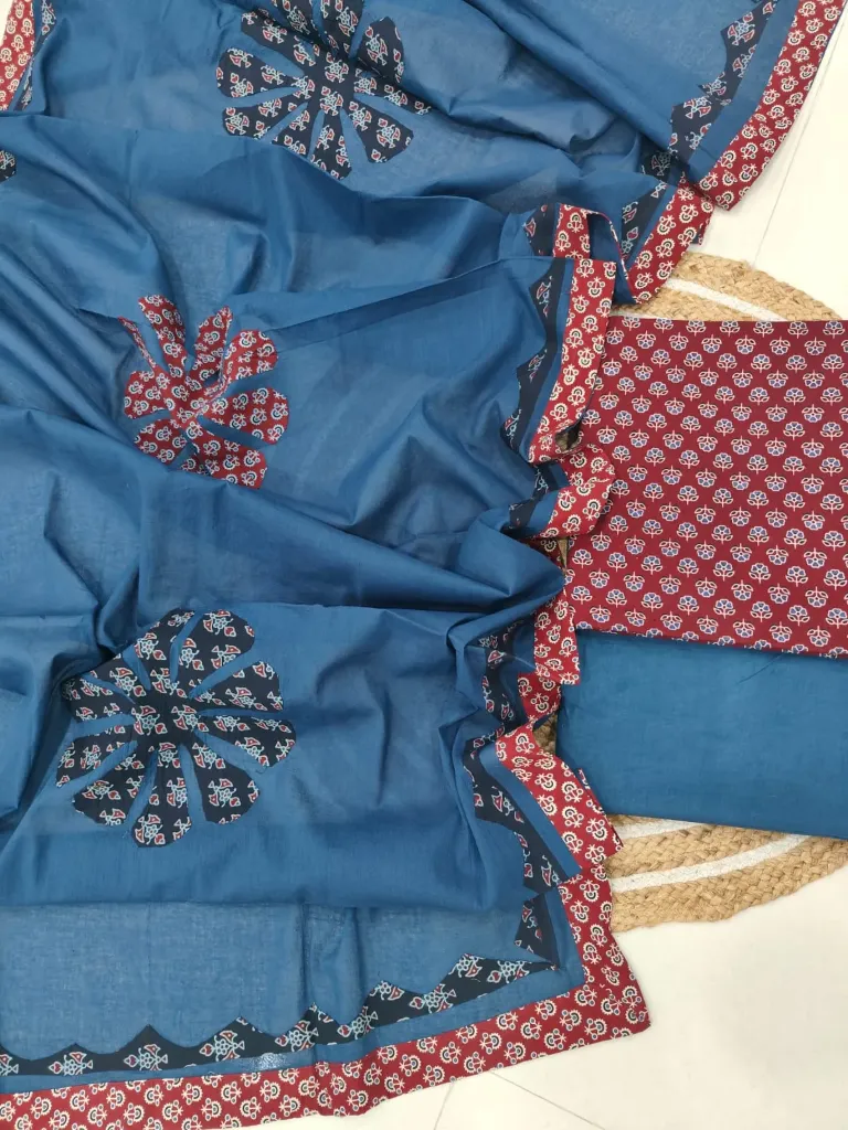 Hand block printed Cotton suit with beautiful patchwork duptta.