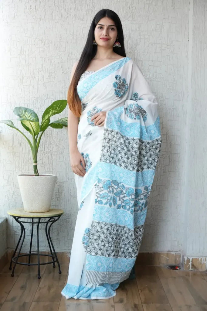 Hand block floral print white cotton mulmul saree