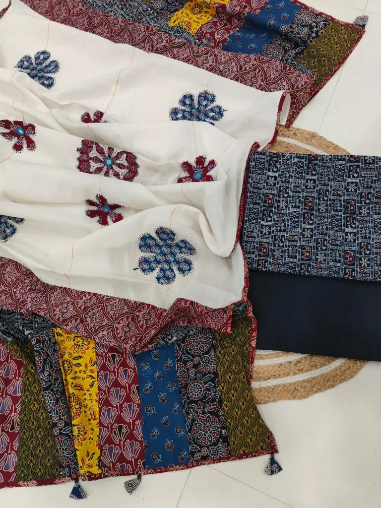 Hand block printed Cotton suit with beautiful patchwork duptta.