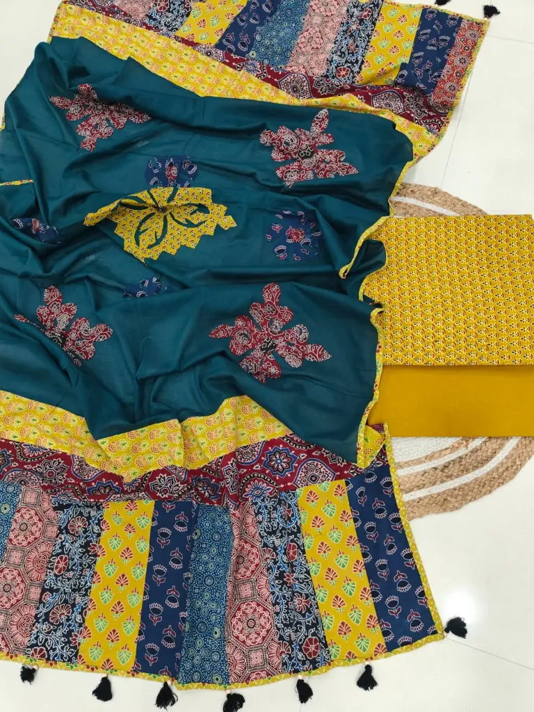 Hand block printed Cotton suit with beautiful patchwork duptta.
